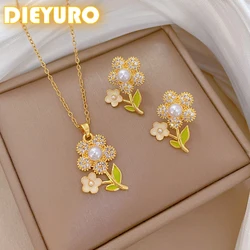 DIEYURO 316L Stainless Steel Zircon Sunflower Plant Pearl Pendant Necklace Earrings Set Women New Trend Non-fading Jewelry Gift