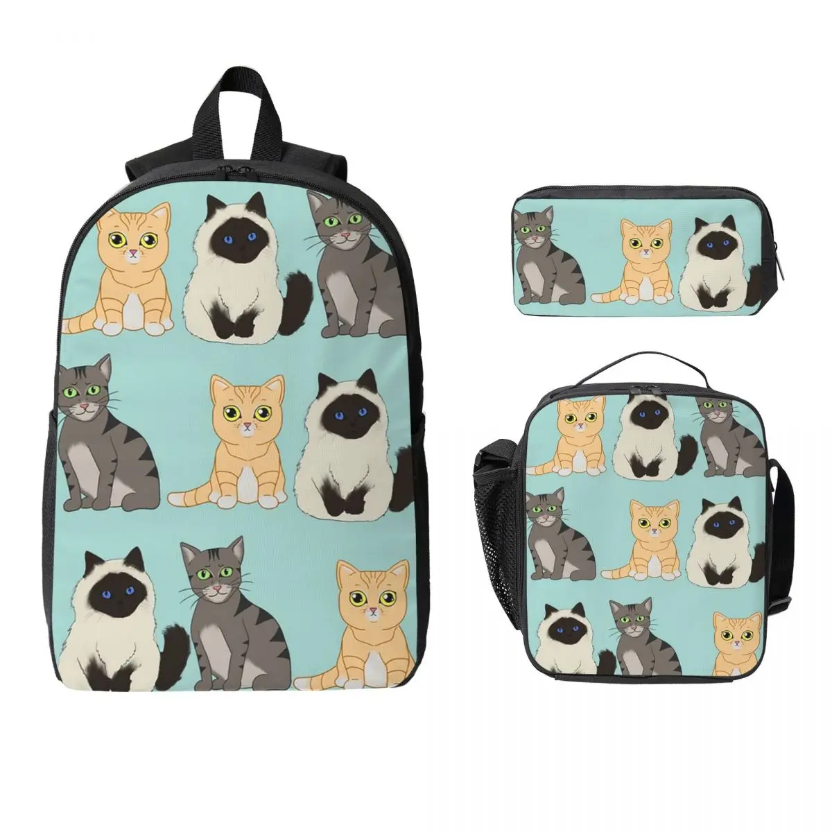 

Gray Ginger And Siamese Kittens Cats Backpack Boys Girls BookBag School Bag Shoulder Bags 3ps Insulated Lunch Bag Pencil Case