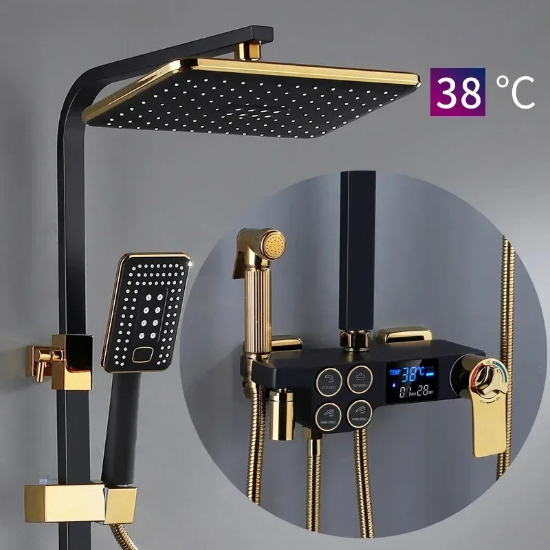 Digital Shower Set Luxury Black Gold Thermostatic System Rainfall Spa Shower Head Brass Bathtub Faucet Digital  Set