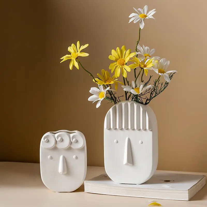 

Nordic White Ceramic Vase Cute Face Decor for Living Room Desk Study Dried Flower Holder