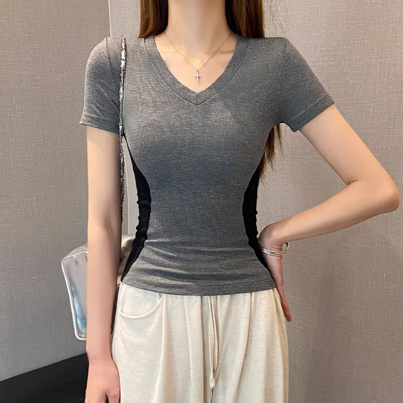 Fashion Women's T Shirt Skinny Slim Basic Patchwork 2026 Cotton Summer Sexy Short Sleeve V Neck TShirt Casual Top Tee for Women