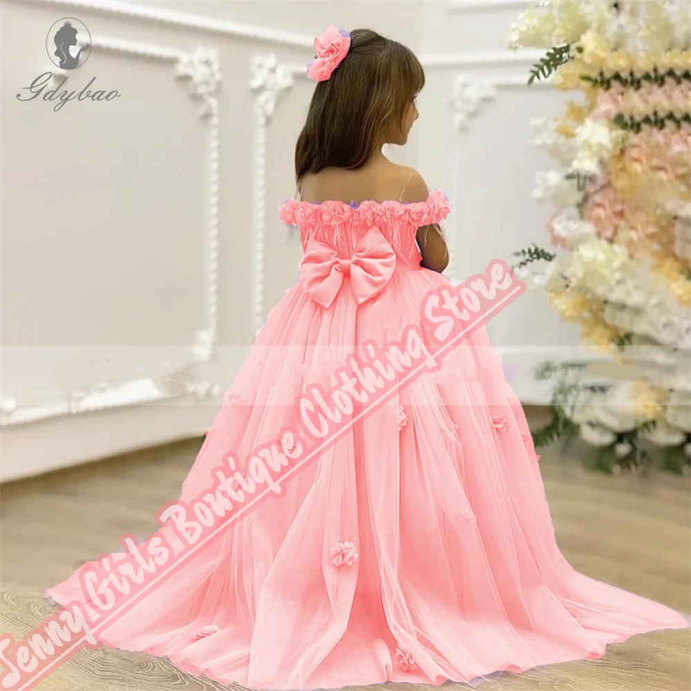 Coral Pink Beautiful Flower Girl Dress With Transparent Collar Feathers For First Communion Birthday Wedding Formal Event