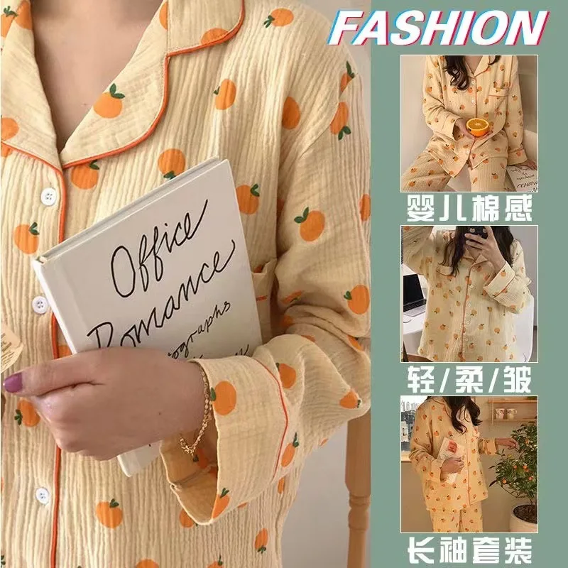 Kragen-Pyjama für Damen Frühling Herbst Mädchen Bubble-Baumwolle Langarm-Langhosen-Set Damen Cartoon-Print Locker Sitzende Outdoor-Loungewear