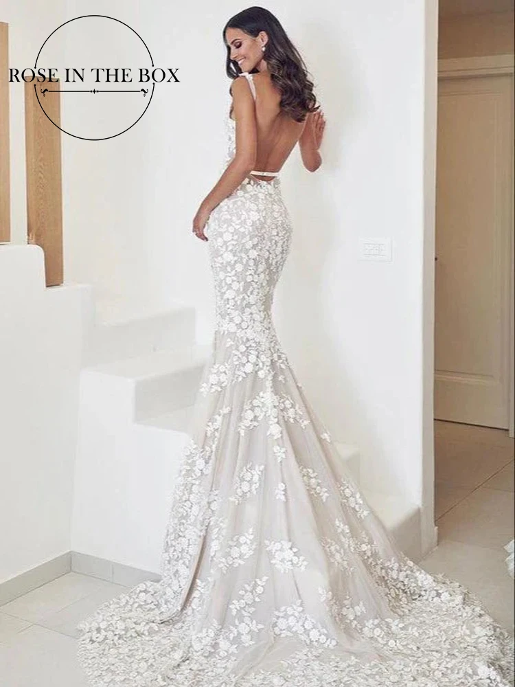 

ROSEINTHEBOX Sexy Straps Mermaid Wedding Dresses V-neck Lace Appliqued backless Corset sweep Trailing Bridal Gowns Customized