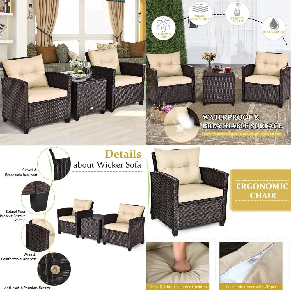 

Комплект садовой мебели AUGESTER из 3 предметов, уличный набор из искусственного ротанга с моющимися подушками и столешницей из закаленного стекла, все в одном комплекте