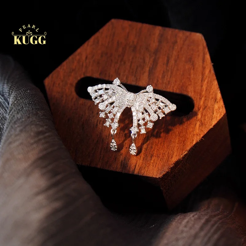 

KUGG 18K White Gold Earrings Luxury Butterfly Design Real Natural Diamond Hoop Earings&Ring for Women High Wedding Jewelry Set