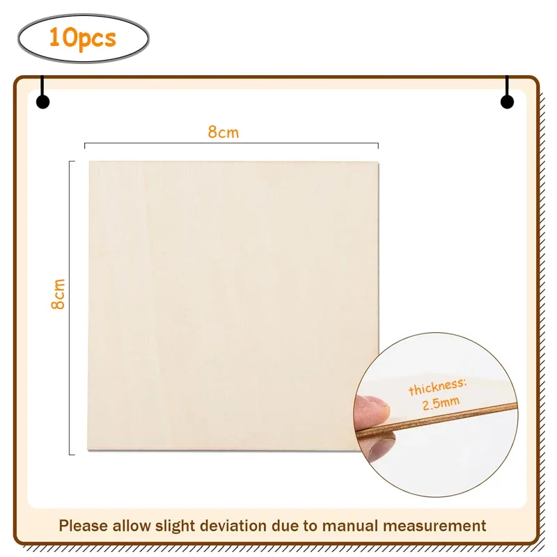 10pcs 8cm Unfinished Wooden Square Blank Natural Wood Slices Wooden Cutout Tiles for DIY Crafts Home Decor Painting Staining