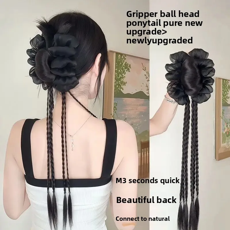 

New Chinese Style Long Braid Hair Extension Women's Clip Lace Edge Low Ponytail Artificial Six Twist Fake Hair Accessory