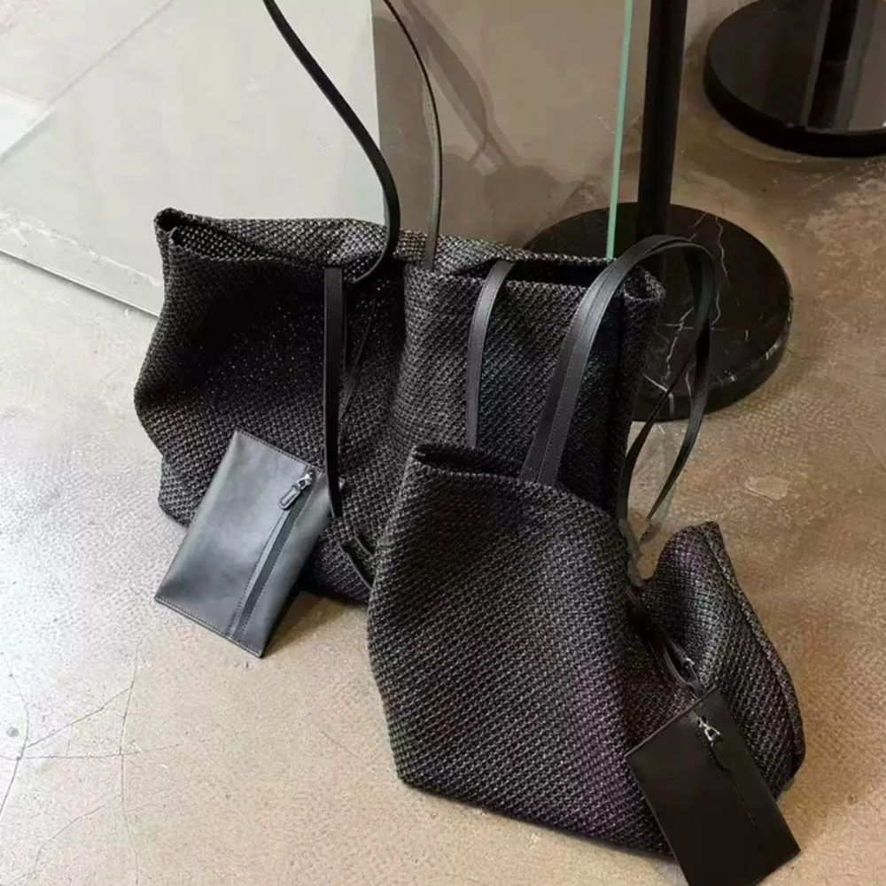 

Black Hollow Woven Bag Niche Lazy Style Versatile Large Capacity Shoulder Portable Tote Fashion Simple Texture Unique Women