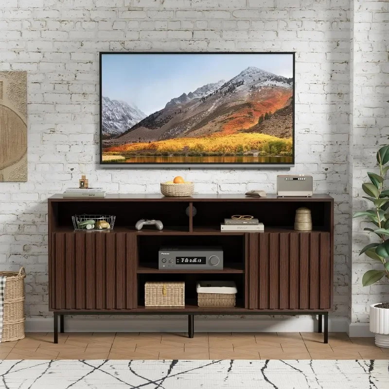 ZHENXIANG-Meuble TV moderne du milieu du siècle, meuble TV en bois naturel, support TV pour chambre à coucher, salon, jusqu'à 50 ", 55", 60/65"