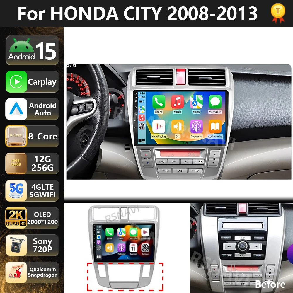 

Автомагнитола Qualcomm Android 15 с мультимедийным плеером для Honda City 2008-2013, с поддержкой Auto Carplay, DSP, Wi-Fi, 4G, Bluetooth, GPS