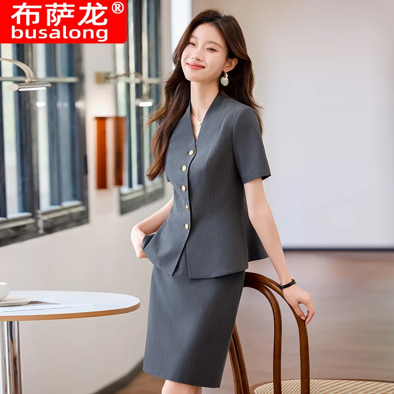 Gray Short Sleeve Suit Professional Set for Women Summer New Hotel Reception Beauty Salon Jewelry Store Workwear