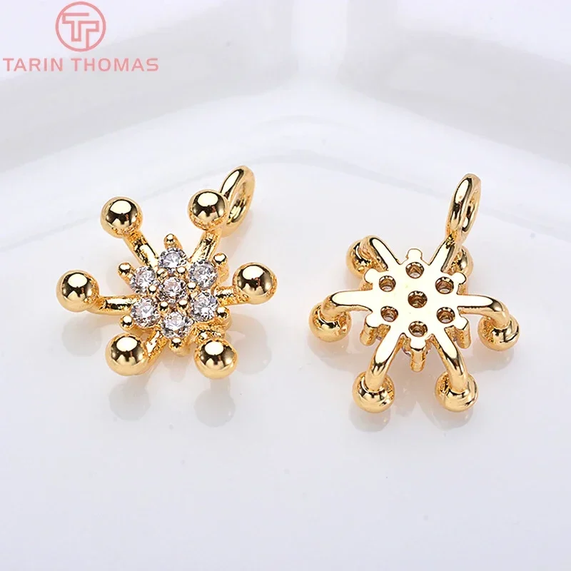 (708)4PCS 8.5x12MM 24K Gold Color Plated Brass with Zircon Snowflake flower Charms Pendants High Quality Diy Jewelry Accessories