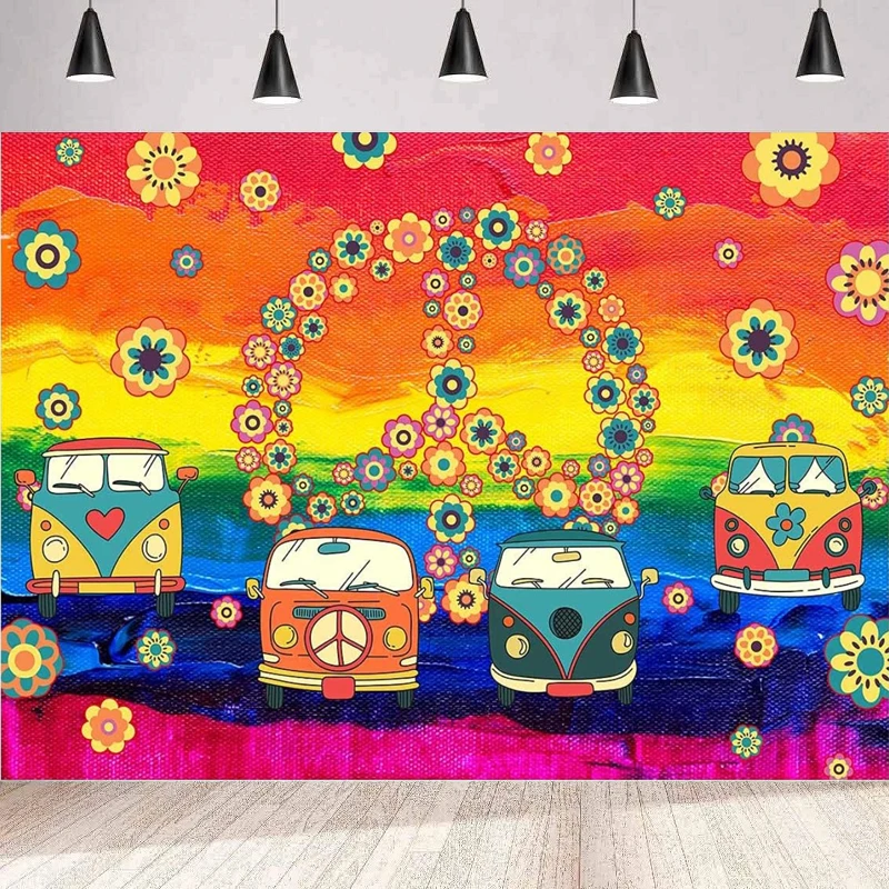 

Hippie Bus Photography Backdrop Colorful Flowers Floral Painting Car Background For Kids Party Theme 60s 70s Groovy Games Props