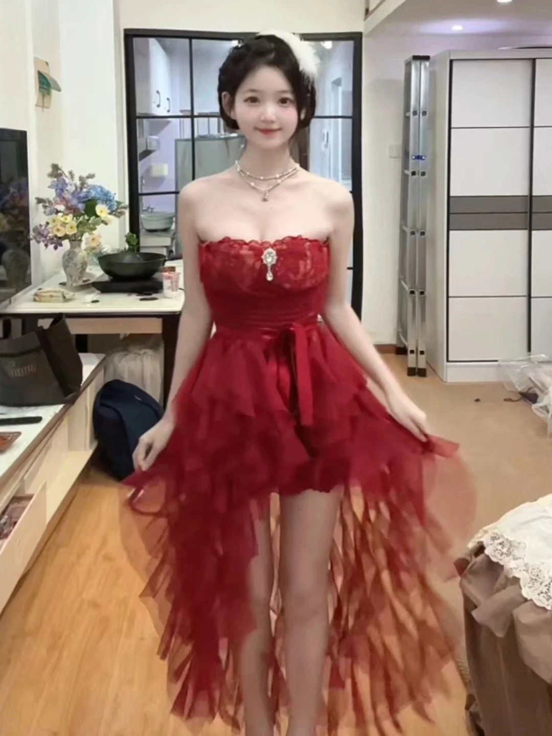 

Unique Beautiful Strapl Dr Tulle Skirt Two-Piece Set Winter Faion High Waist Cotton Material Knot Design