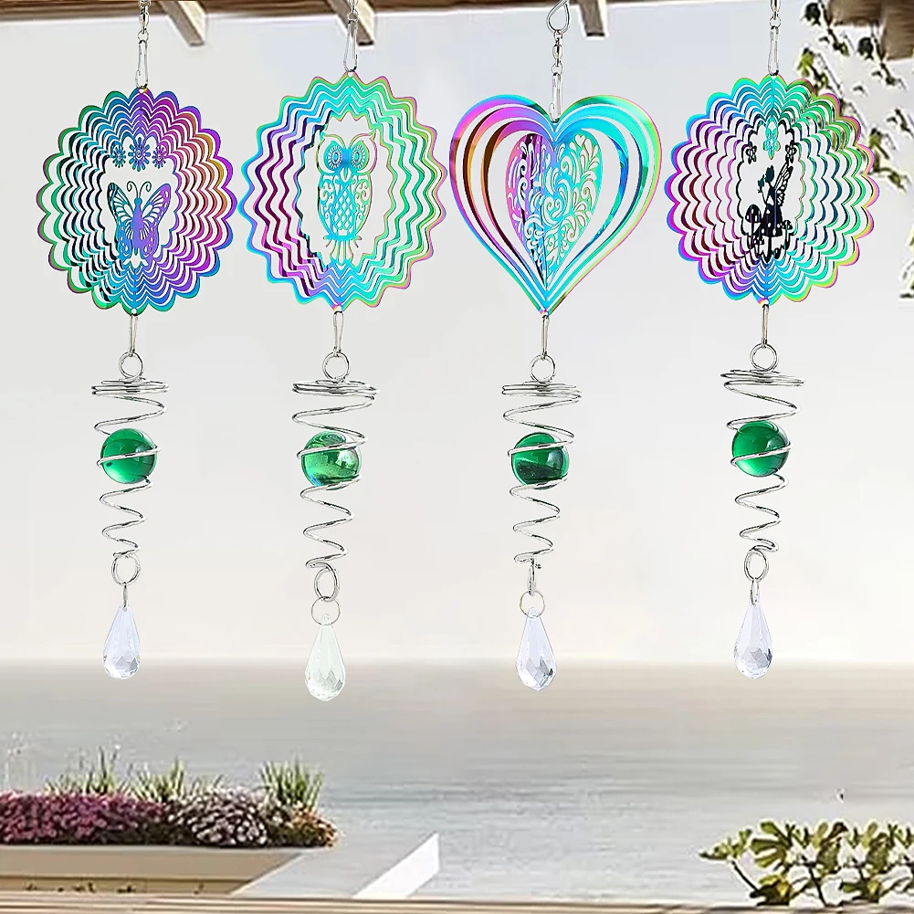 Kinetic Gradient Color Wind Spinner Sculpture 3D Wind Chimes Sun Catcher Gazing Ball Spiral Tail Stabilizer Fairy Garden Hanging