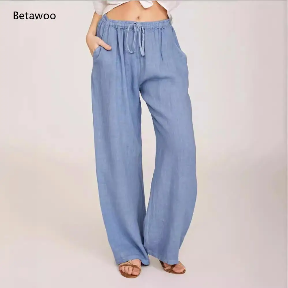 Women Drawstring Elastic Waist Linen Wide Leg Pants Casual Loose Trousers with Side Pockets for Summer Daily Wear