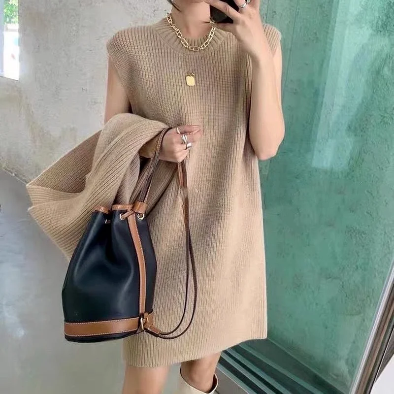 Autumn Winter Loose Knit Solid Pullover 2 Piece Set Women Fashion Turtleneck Sweater Jumper+Elegant Vest Dress Suit Office Lady