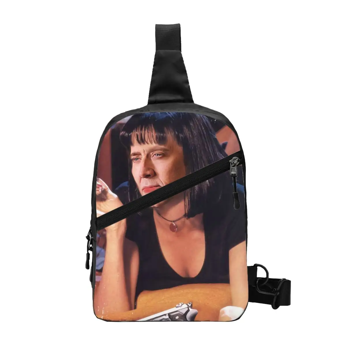 Moda Nicolas Cage Pulp Fiction Meme Sling Bag para viajar peito dos homens Crossbody mochila ombro Daypack