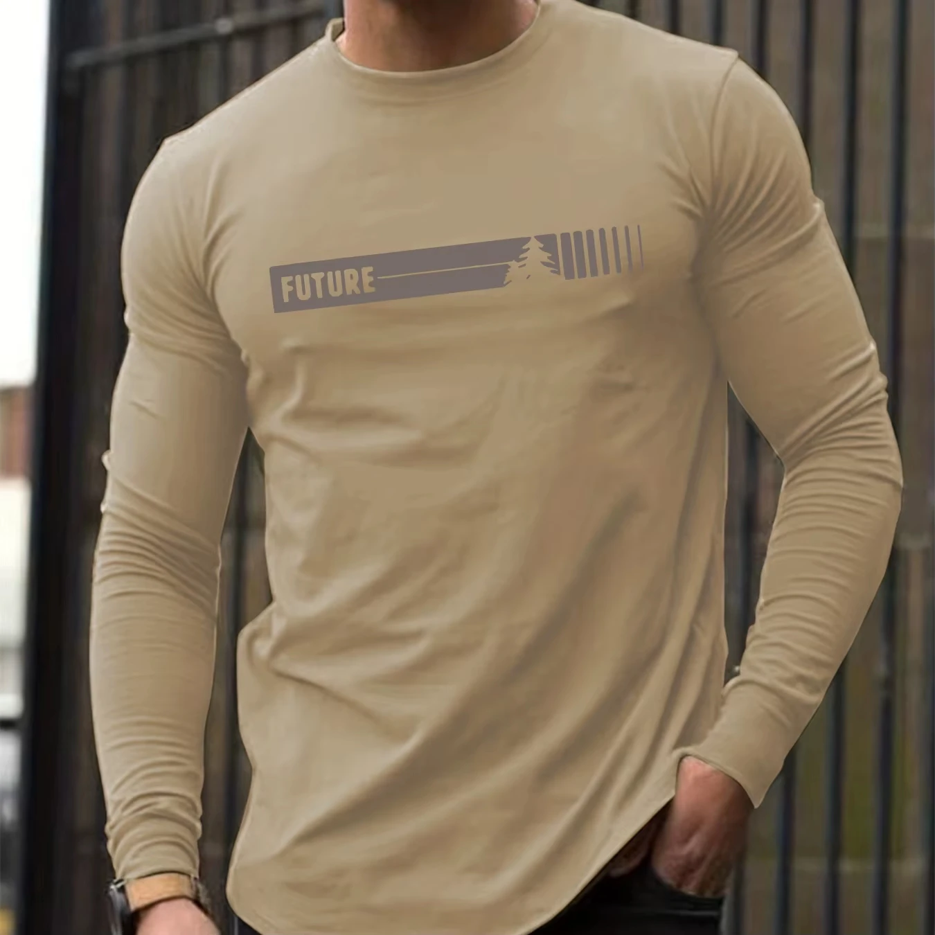 تي شيرت رجالي مطبوع بنمط حروف المستقبل للربيع والصيف كاجوال رياضي عصري برقبة دائرية وأكمام طويلة بلوفر علوي