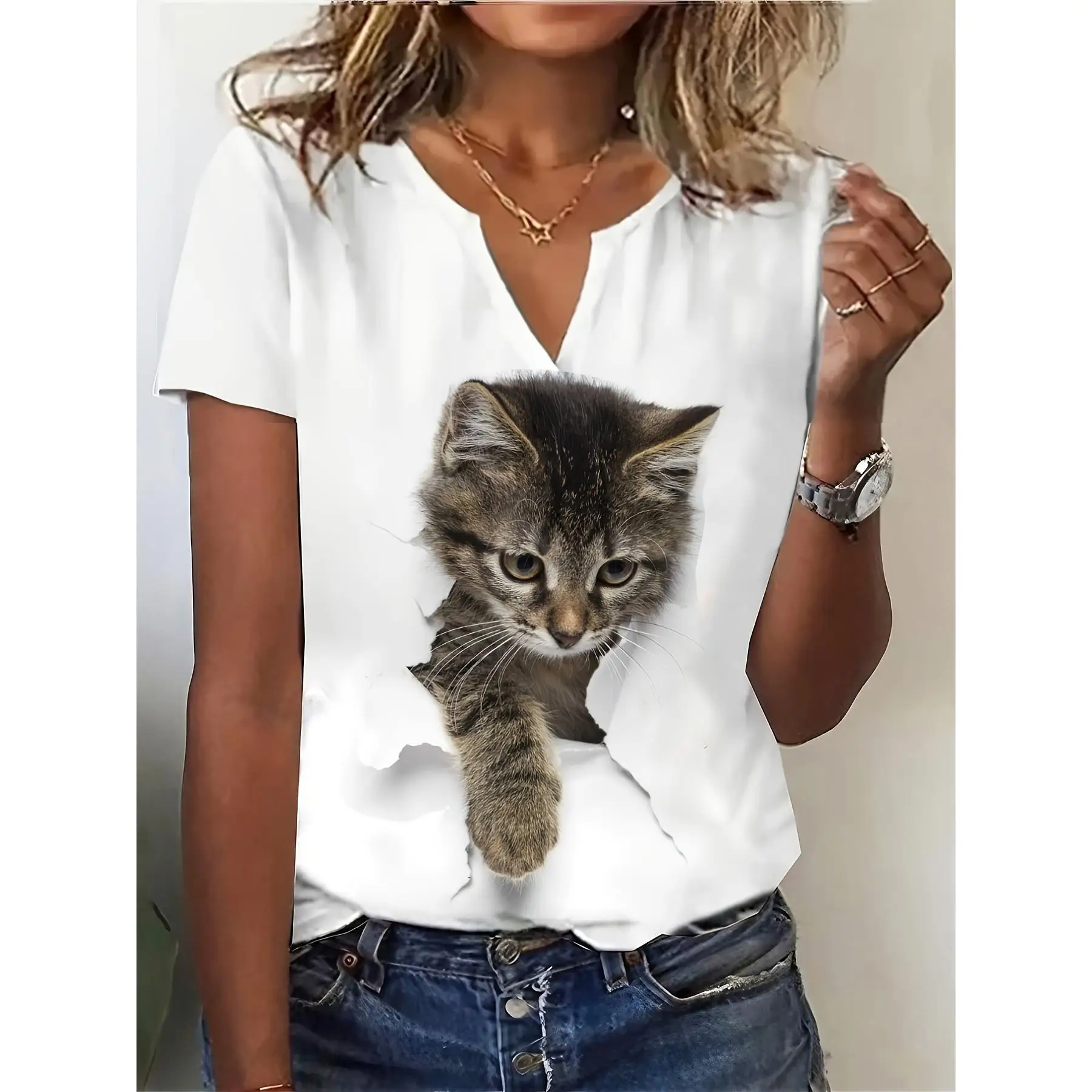 تي شيرت نسائي ort Sve مطبوع عليه مزيج قطن بوليستر مريح مناسب للصيف Faion Basic Crew Ne Top