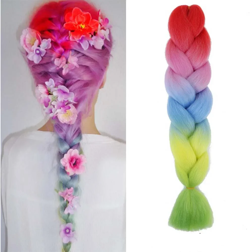 Synthetic Rainbow Ombre Color,Jumbo Braid Hair Extension For Women many of colors DIY Crochet Braiding Hair