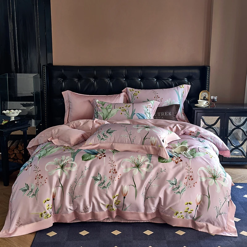 Luxury Digital Printing Flowers Prints Bedding Set 800TC Lyocell Cotton Duvet Cover Set Flat/Fitted Bed Sheet Pillowcases 4Pcs