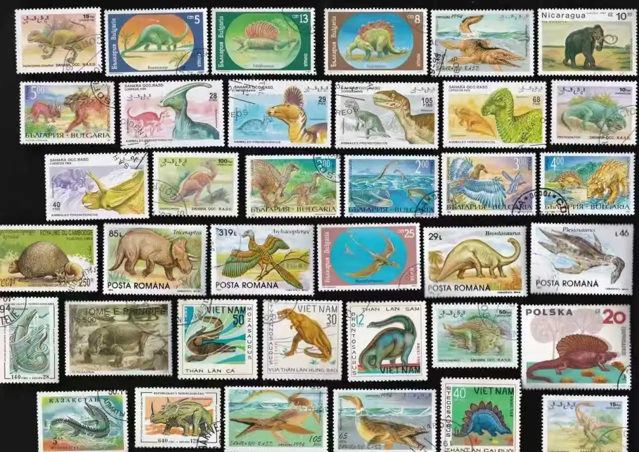50Pcs/Lot World Dinosaur Postage Stamps, Multi-Country All Different No Repeat Postmark Used Stamps for Collectors
