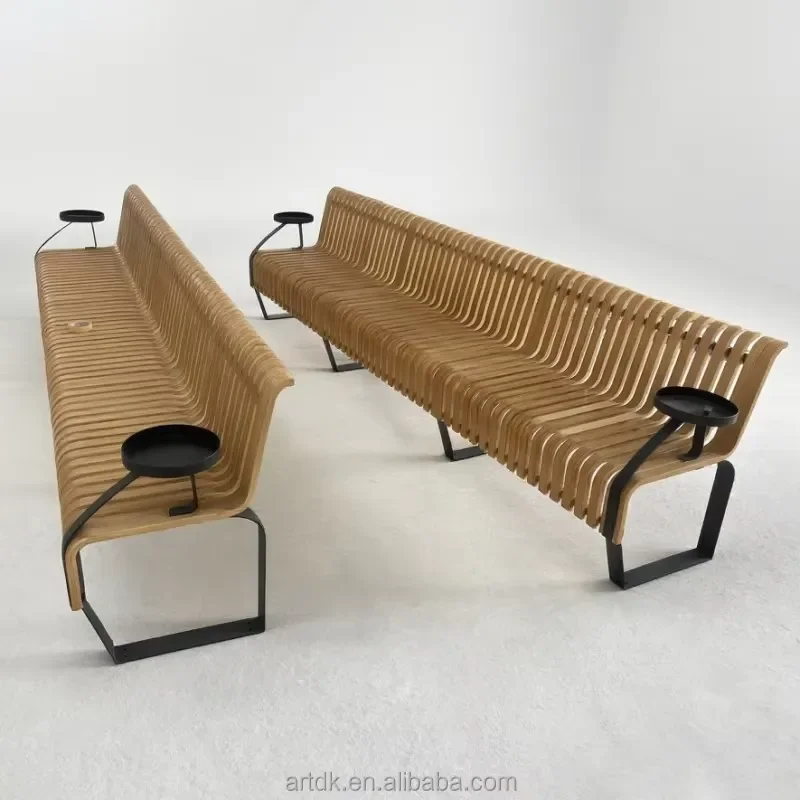 Y823 S-shaped curved stainless steel park bench solid wood slats outdoor landscape public seat