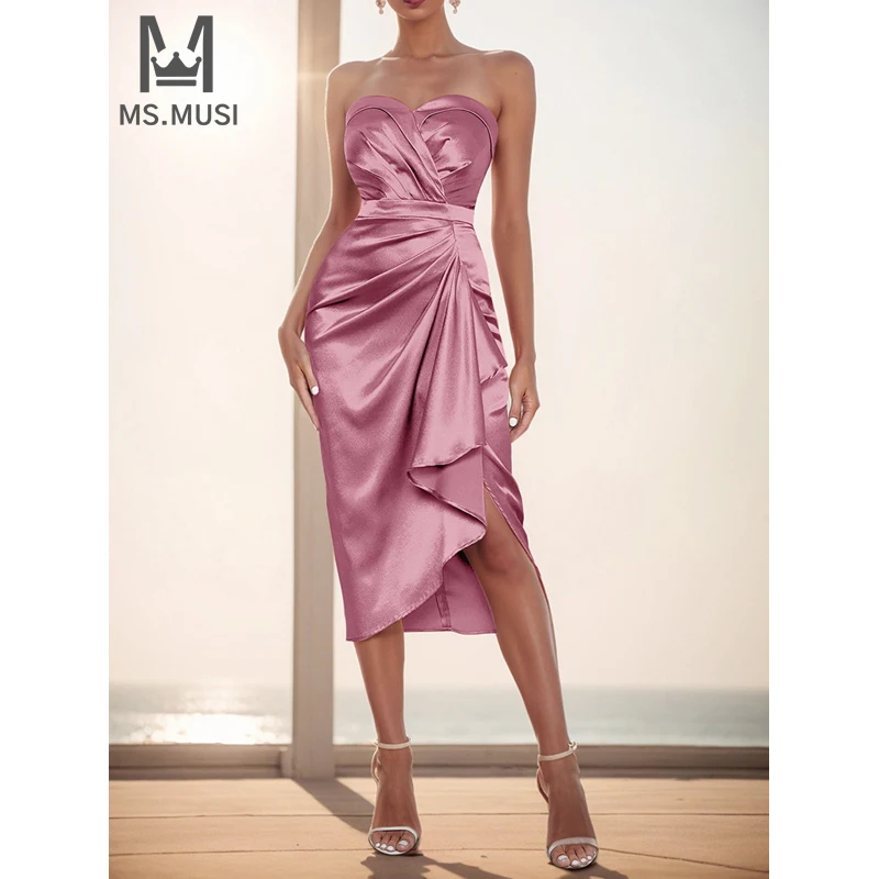 

MSMUSI 2024 New Fashion Women Sexy Strapless Falbala Ruffles Draped Fold Sleeveless Backless Bodycon Party Club Event Midi Dress