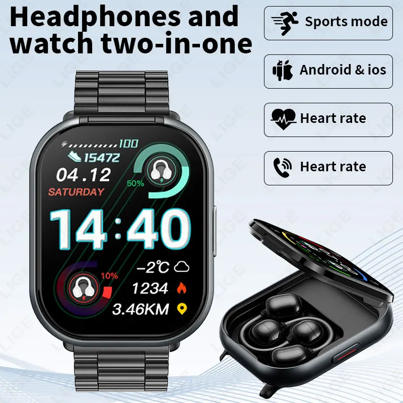 LIGE New 2 in1 Open-back Clip-on Headphones Smart Watch For Men 2.01 inch HD Screen Bluetooth Call Health Monitor Men Smartwatch