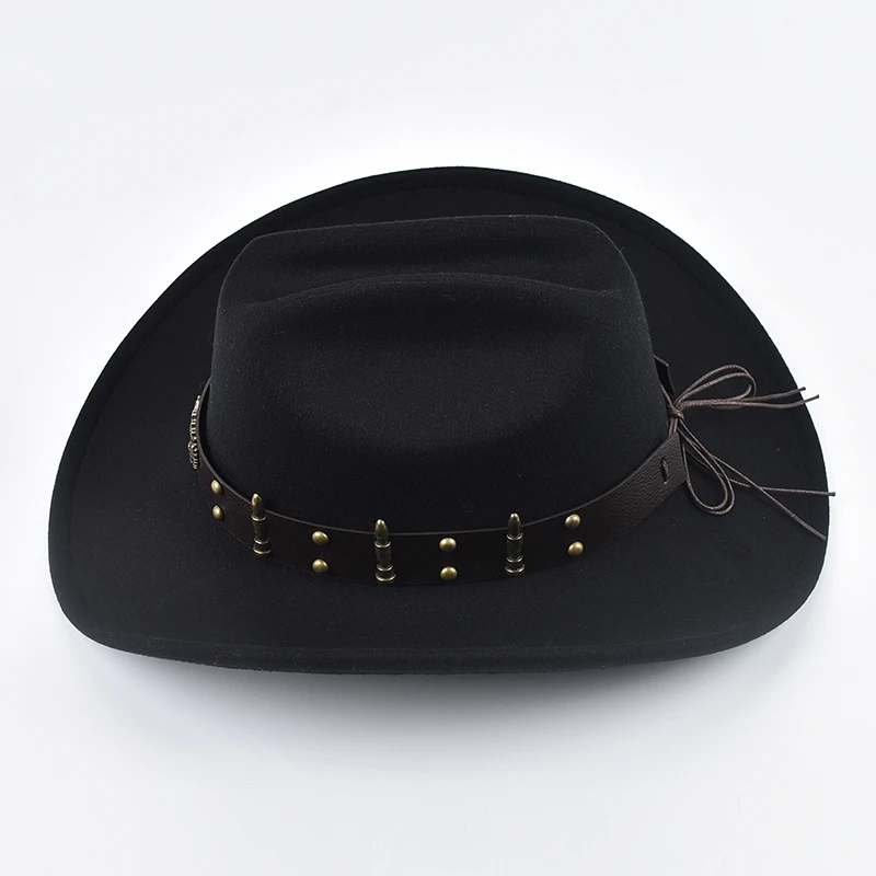 Men Women Western Cowboy Hat with Leather Vintage Big-edge Gentleman Cowgirl Hat Cloche Church Caps