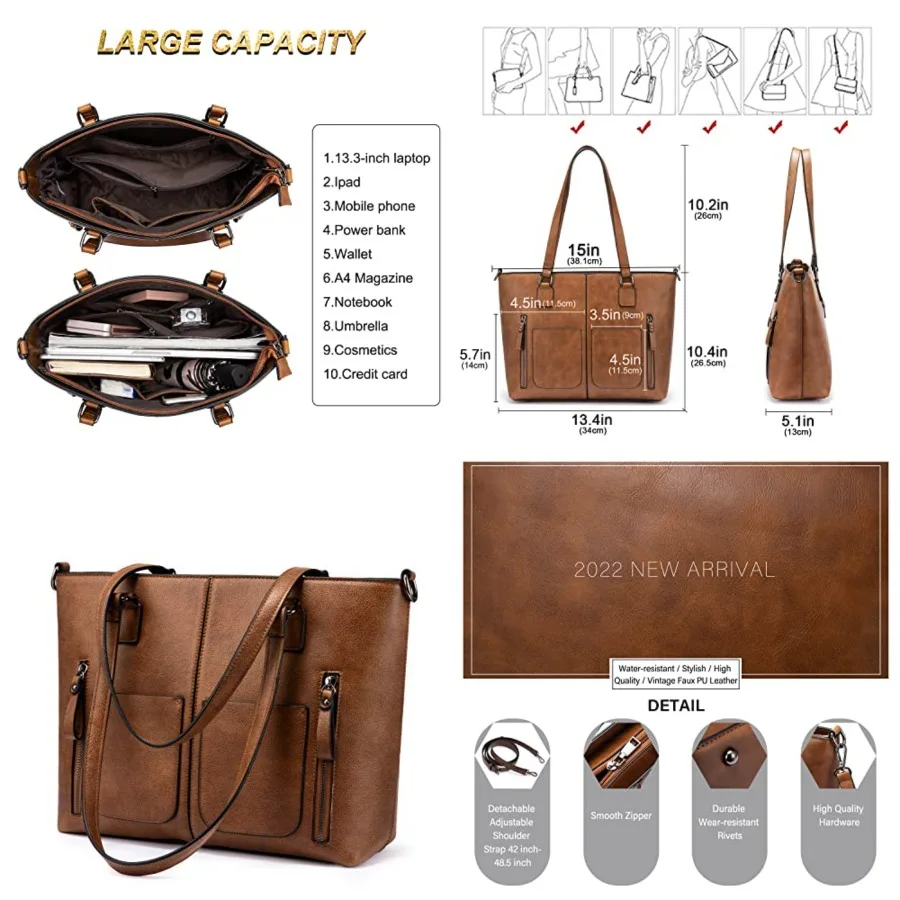 LOVEVOOK Purses Tote Bag for Women, Retro Large Shoulder Handbag, Leather Work Bag with Multi-Pockets, Gifts for Teacher, Mom
