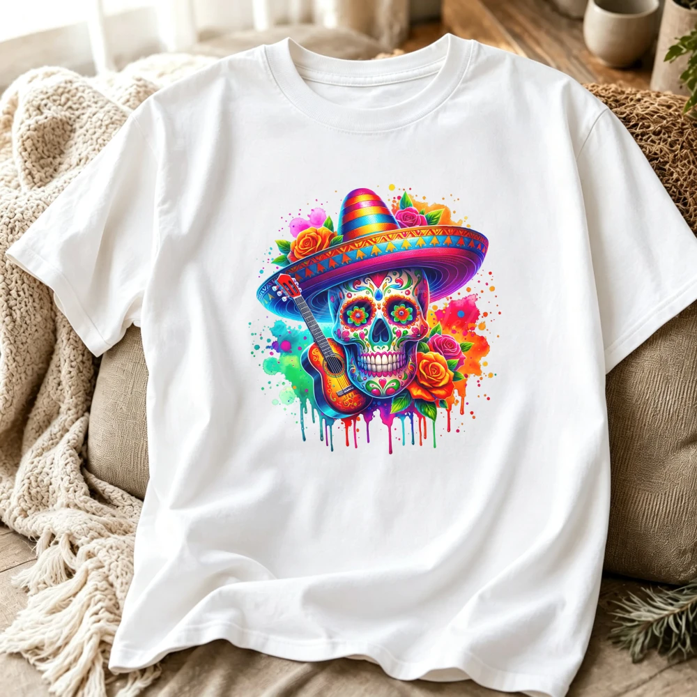 Vibrant Dia De Los Muertos Sugar Skull Graphic T‑Shirt Mexican Sombrero Guitar Rose Flower Colorful Paint Drip Splash Casual Top