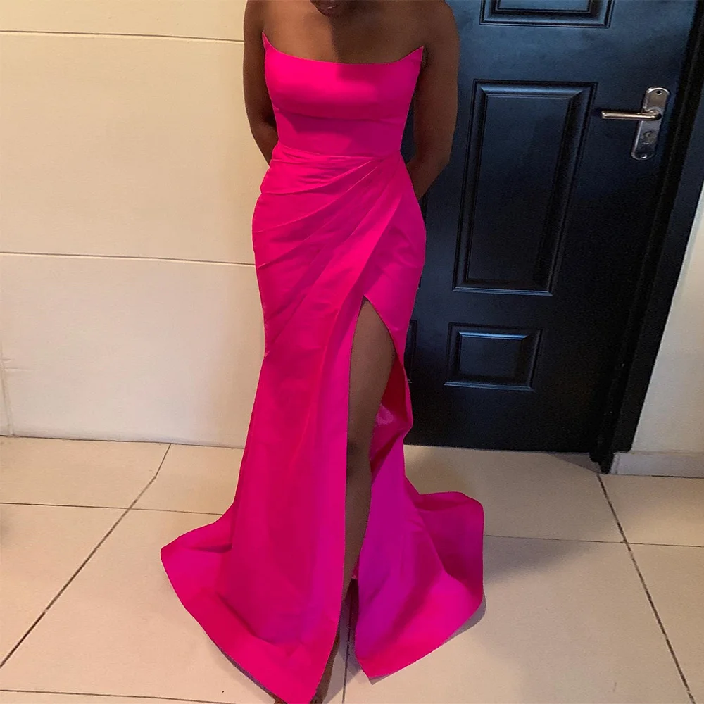 

Hot Pink Prom Dress 2022 Strapless Side Slit Mermaid Evening Dress for Women Sleeveless Formal Party Dress for Wedding Custom