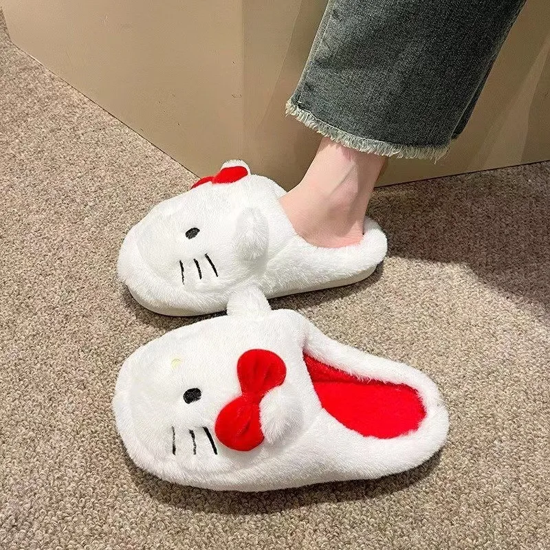 Fashion Sanrio Hello Kitty Plush Slipper Cartoon Kt Cat Warm Winter Indoor Slippers Flat Casual Non-Slip Girls Home Shoes Gift 