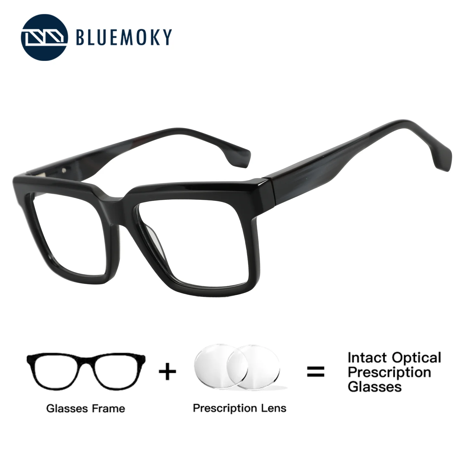 

BLUEMOKY (XL Size) Men Square Acetate Prescription Glasses Photochromic Medical Progressive Myopia Anti Blue Light Optical Lens
