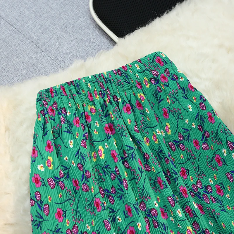 Summer New Women Elegant Green Floral Print Mermaid Skirt High Waist A Line Female Long Skirts