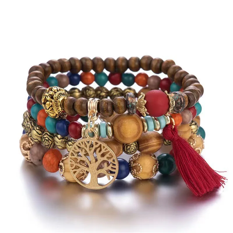4Pcs Boho Tree Of Life Bracelet Set For Women Fashion Tassels Charm Wooden Beads Elastic Chain Bangle Girl Trendy Party Jewelry