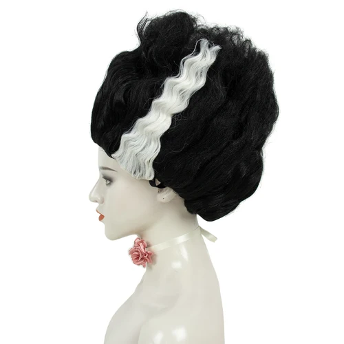 Imagen 2 del producto REEWES peluca Afro blanca y negra colmena Frankenstein novias Cosplay pelo sintético fiesta diaria disfraz de Halloween vestido