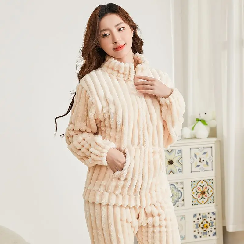 

Пижамы зимние женские, утепленные фланелевые пижамы с длинными рукавами, свободная одежда для сна на флисовой подкладке, коралловый флис, сохраняющий тепло, домашний костюм