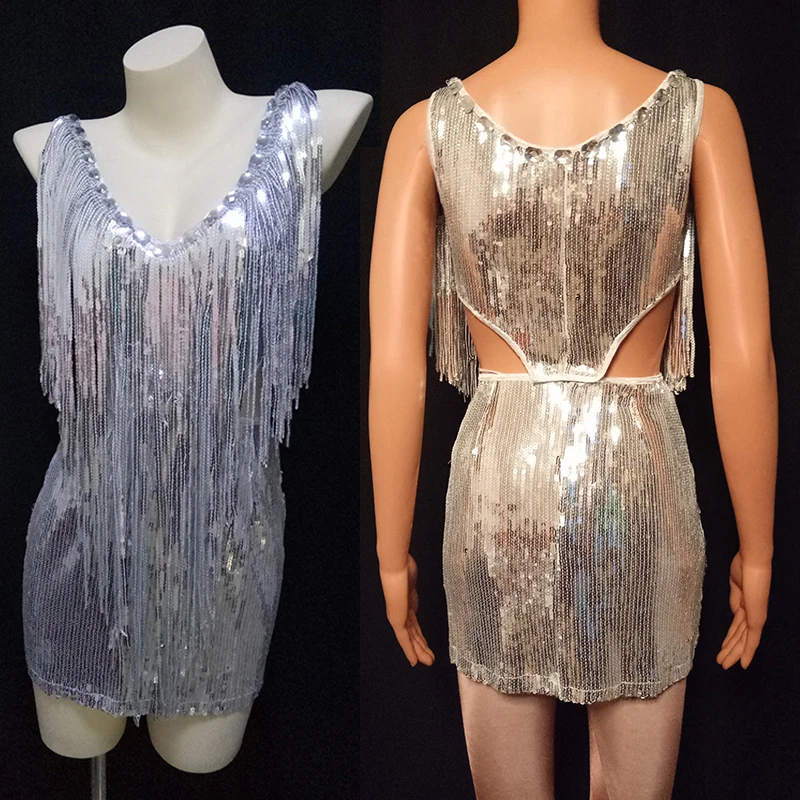 

New Sparkly Sequins Fringe Dress Dancewear Nightclub Dj Ds Stage Costume Sexy Backless Gogo Outfit Jazz Dancing Clothing Dress