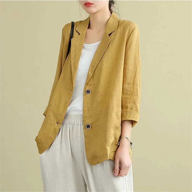 women Fashion Solid Cotton And Linen Suits Jacket Spring And Autumn 2024 Summer New Thin Three-Quarter Sleeve Sunscreen Blazer