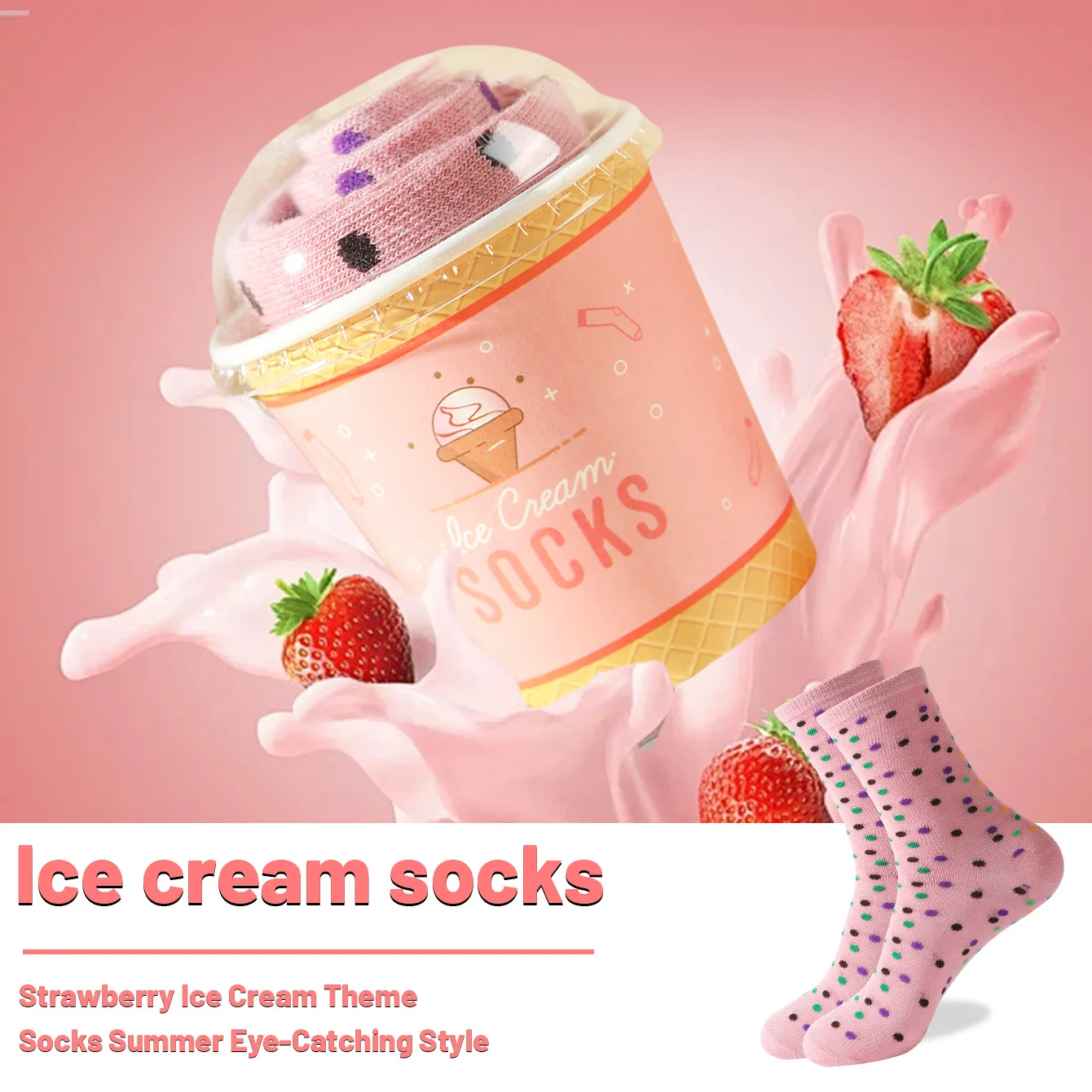 1 Pair of Unisex Mid-Calf Socks, Novelty and Fun Strawberry Ice Cream Gift Box Socks, Creative Socks, Fashionable Style, Comfortable and Breathable, Suitable for Parties, Casual Wear, Valentine's Day, Halloween, Birthdays, Christmas, New Year, Thanksgiving, Autumn and Winter, All-Season Styles, Creative Gift Box