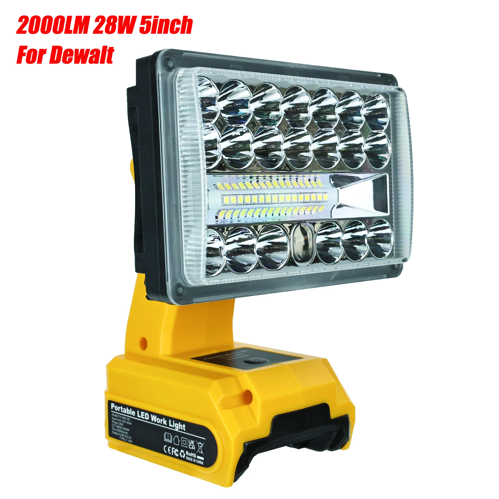 Luz LED de trabajo de 28W y 2000lm para Dewalt, lámpara de batería de iones de litio de 14,4-20V, linterna, iluminación de emergencia para