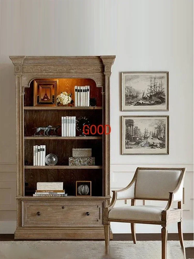 

American-Style Solid Wood Bookcase Living Room Antique Decorative Display Cabinet French Retro Locker Bookshelf