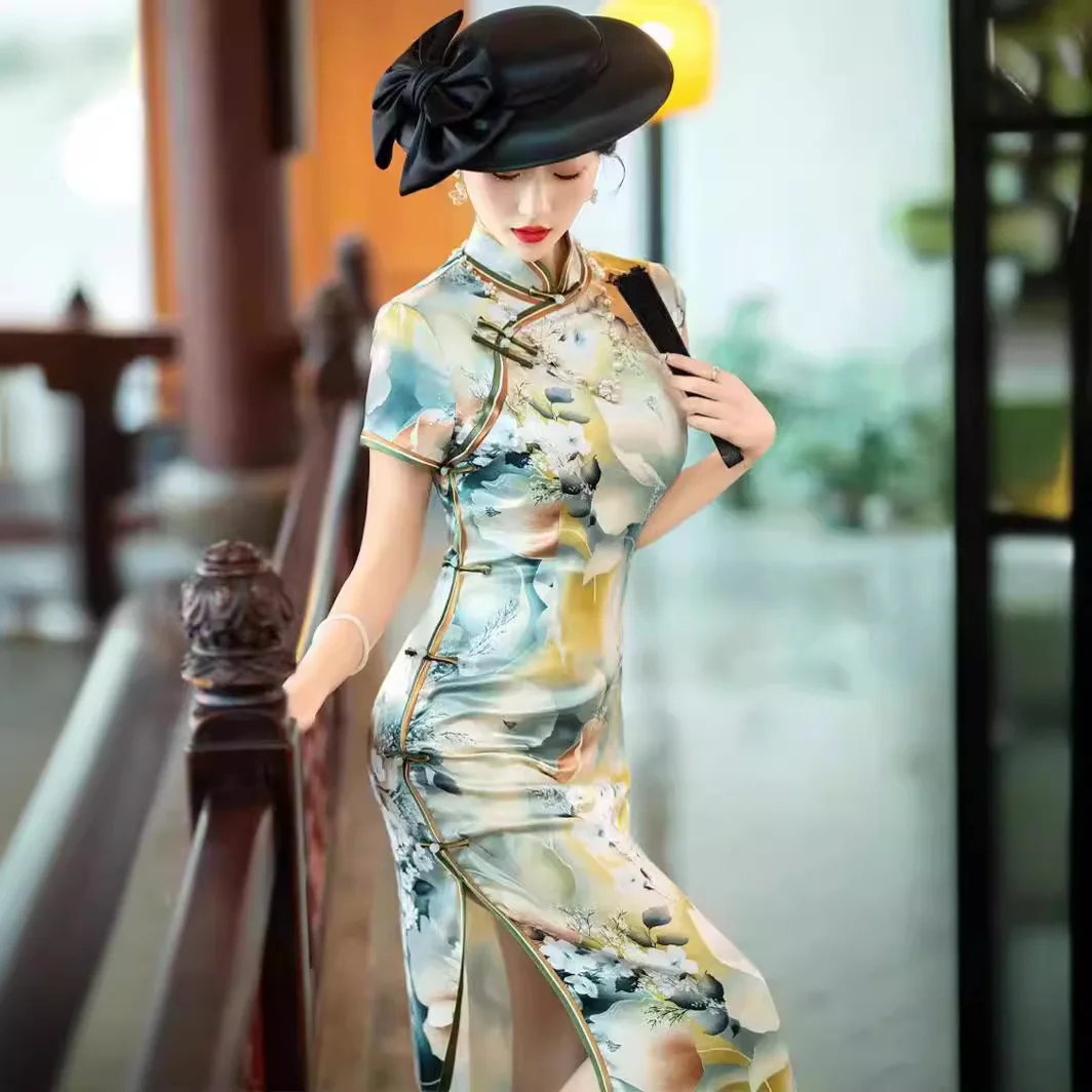 

High Quality Real Silk Cheongsam Qipao Summer Women's New 2024 Improved High-End National Style Dress Young Girl