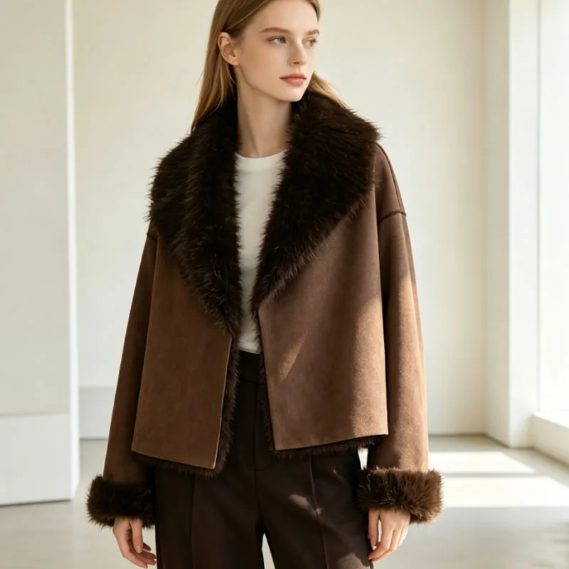 Women's reversible short jacket with large plush collar  furry sleeve cuffs  loose long sleeves  warm winter short coat