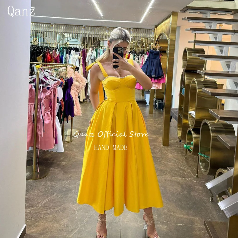 

Qanz Yellow Satin Prom Dresses Elegant Evening Party Spaghetti Straps Tea Length Lace Up Back A Line Simple Dresses 2024 Women