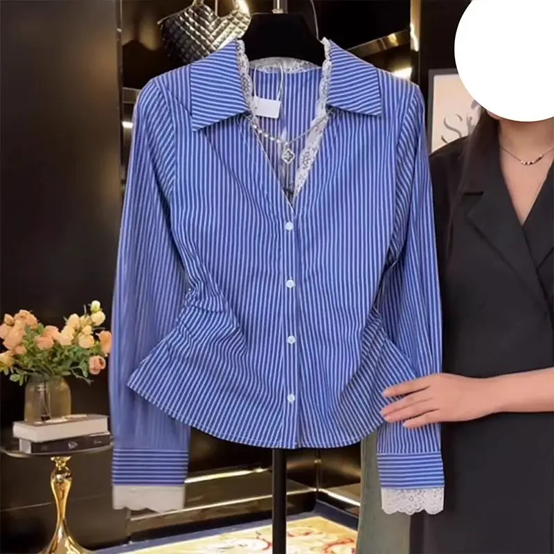 Blusa ajustada plisada de encaje elegante para primavera y otoño, camisa con temperamento a rayas y cuello tipo Polo, Tops, ropa de moda para mujer